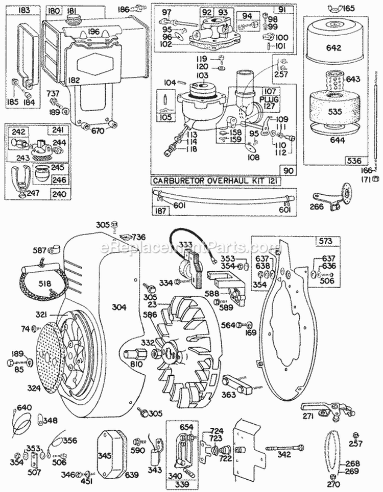 CarbFueltankACBlowerhsg Diagram and Parts List for 300421-0123-99  Briggs and Stratton Engine